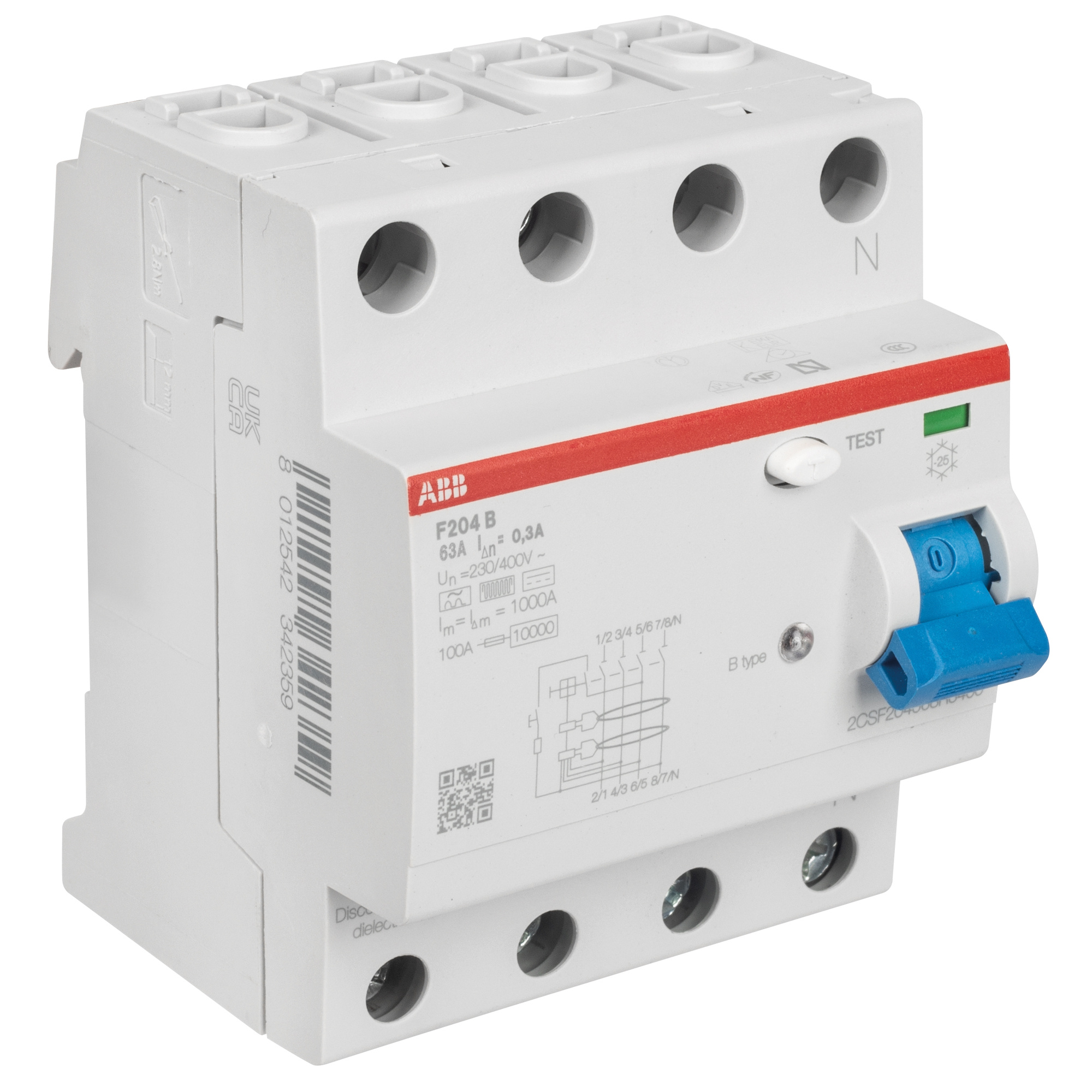 allstromsensitiver FI-Schutzschalter, F 204 B, 4-polig, Typ B, 4 TE, 63A/0,3