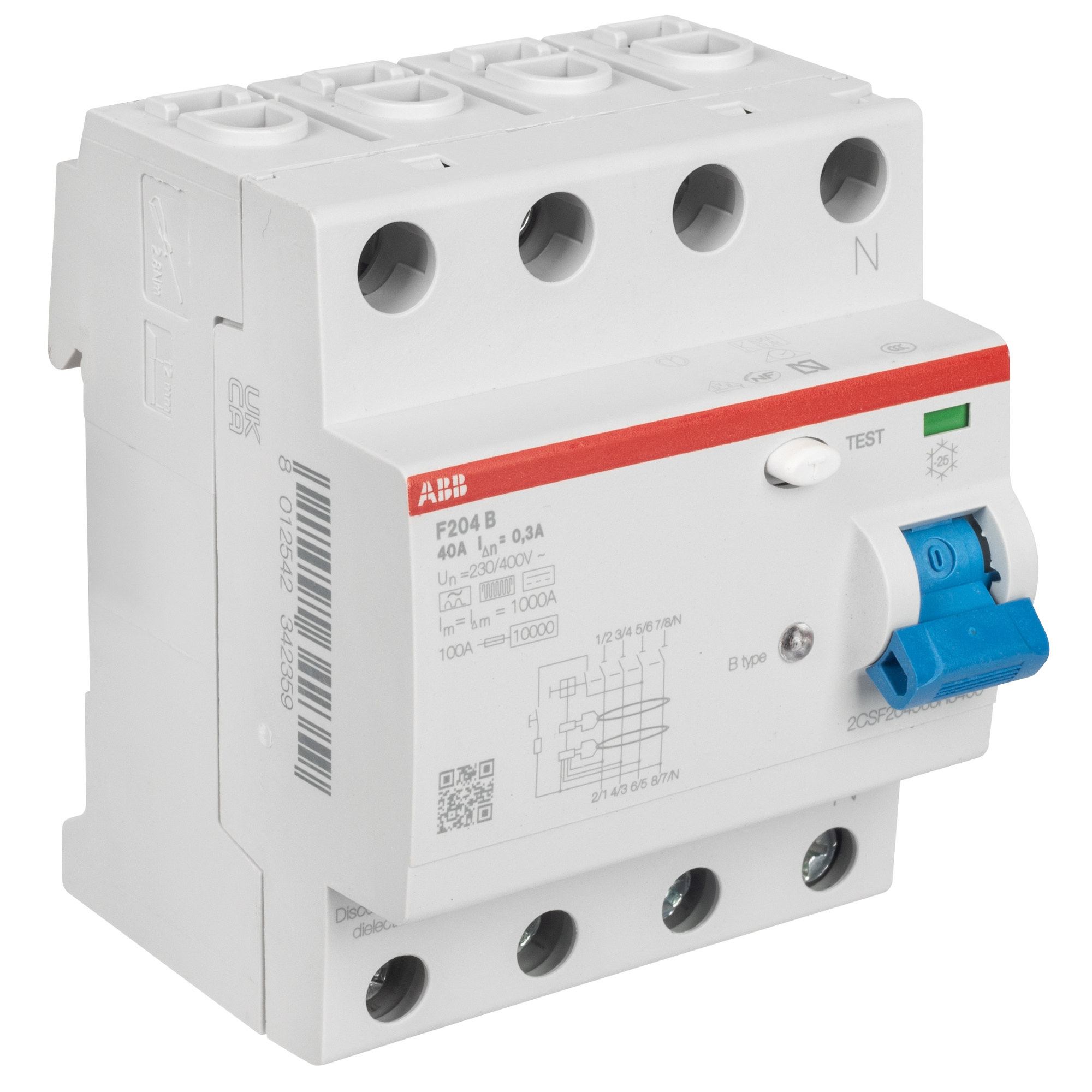 allstromsensitiver FI-Schutzschalter, F 204 B, 4-polig, Typ B, 4 TE, 40A/0,3