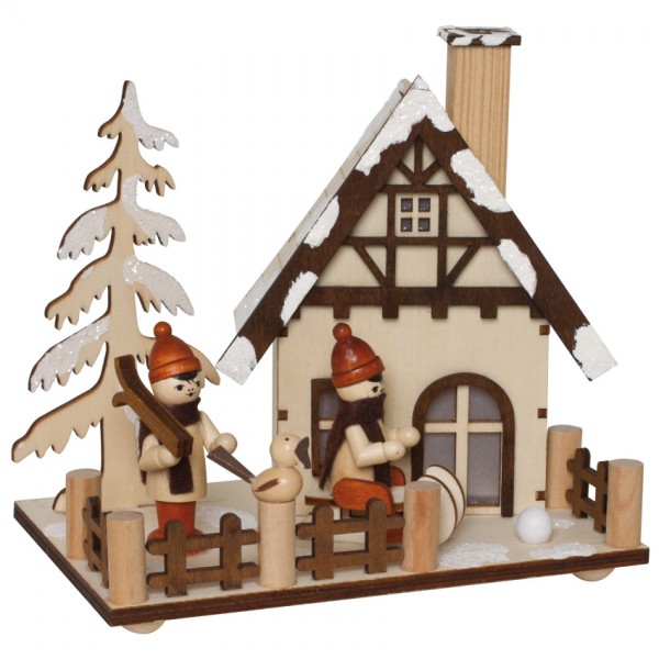Räucherhaus, Winterkinder mit Schlitten und Skiern