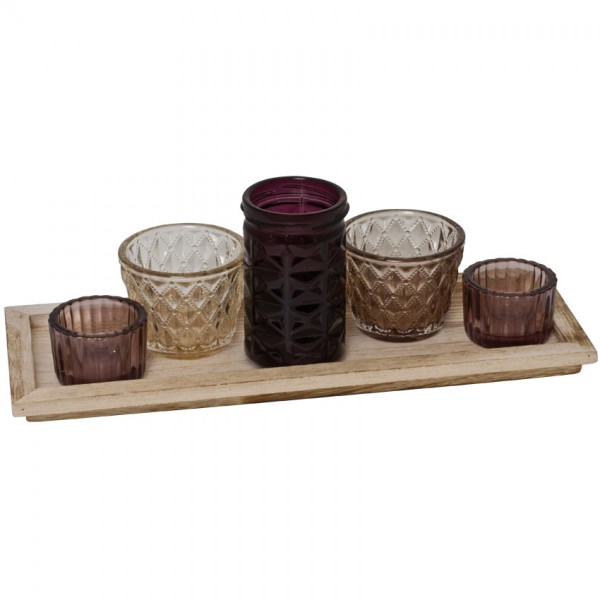 Teelichthalter, 5er-Set, für Teelichter, Glas mit Holztablett