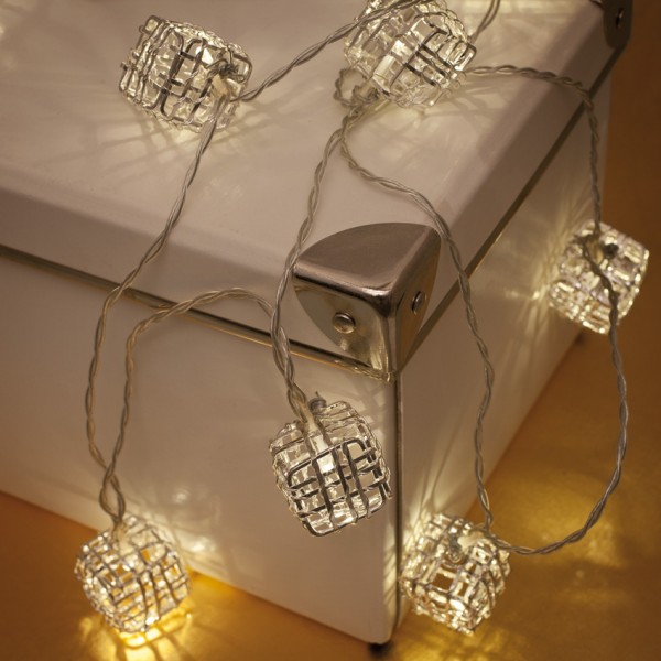 LED-Minilichterkette, L 135cm, Metallquadrate, 10 warmweiße LEDs, batteriebetrieben