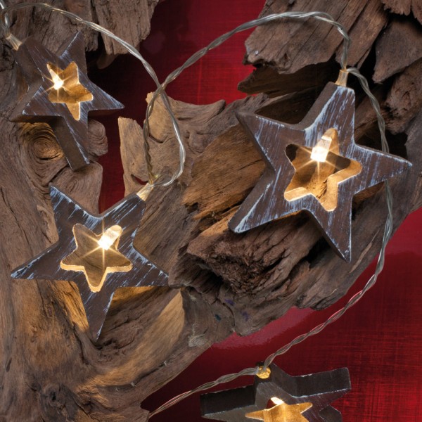 LED-Minilichterkette, Holzsterne, L 135cm, 10 warmweiße LEDs, batteriebetrieben