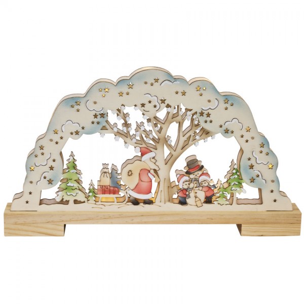 Weihnachtsleuchter, Weihnachtsmann, Schneemann mit Kindern, 10 warmweiße LEDs