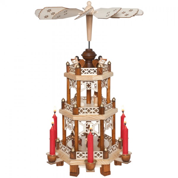 Weihnachtspyramide, 3-stöckig, für 6 Weihnachtskerzen, H 44cm, Ø 25cm