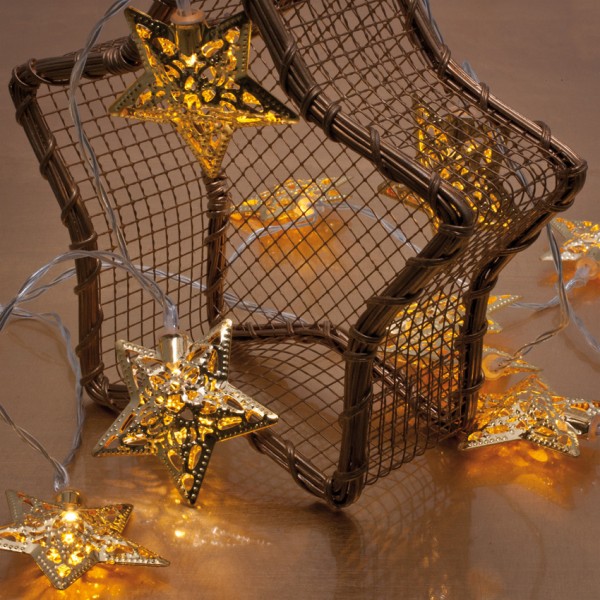 LED-Minilichterkette, 10 warmweiße LEDs, Metallsterne Gold