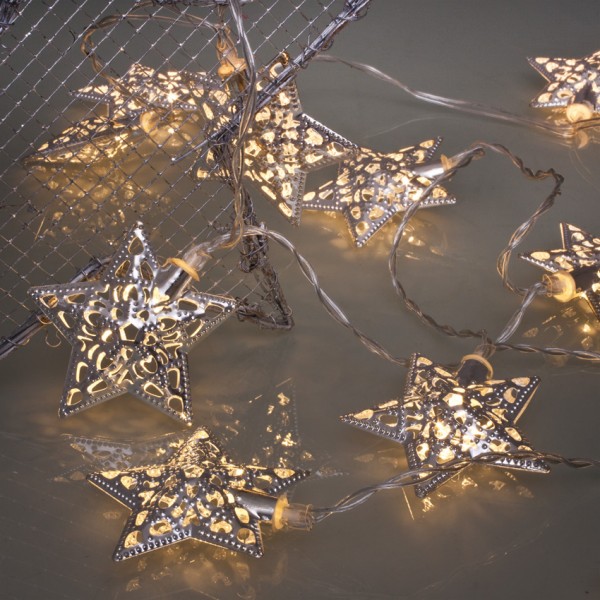LED-Minilichterkette, 10 warmweiße LEDs, Metallsterne Silber