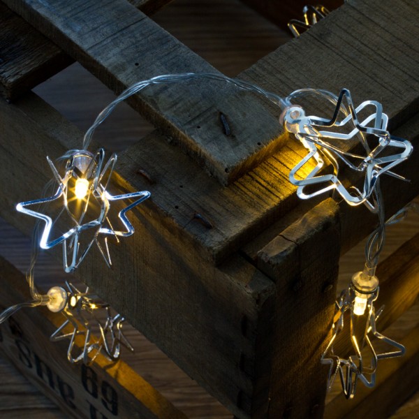LED-Minilichterkette, 3D, L 100cm, silberne Sterne, 10 warmweiße LEDs