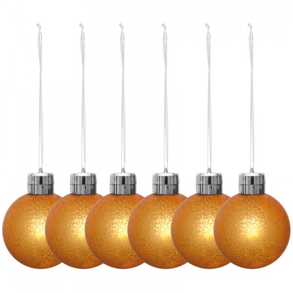 6 x LED-Weihnachtsbaumkugeln,Ø 8,5cm, orange-gold, je 1 warmweiße LED, batteriebetrieben
