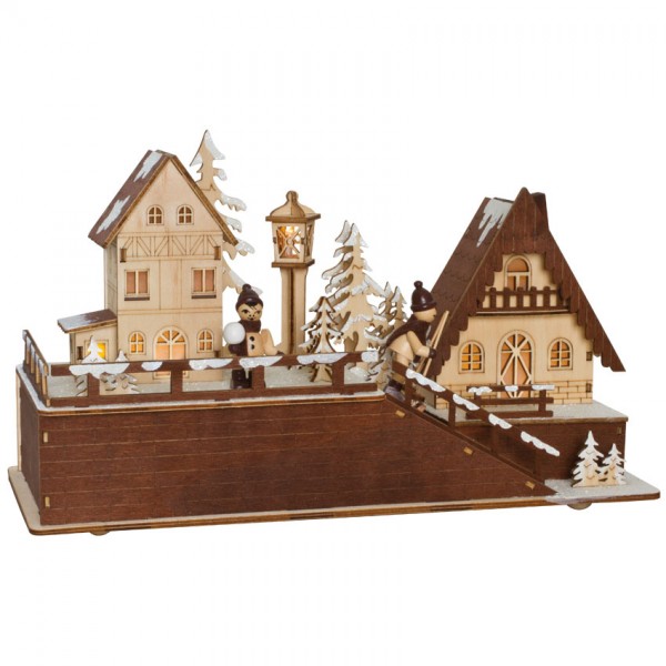 Weihnachtsleuchter, Winterdorf mit spielenden Kindern, 5 warmweiße LEDs