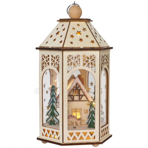 Laterne, Waldhaus und Reh, 10 warmweiße LEDs